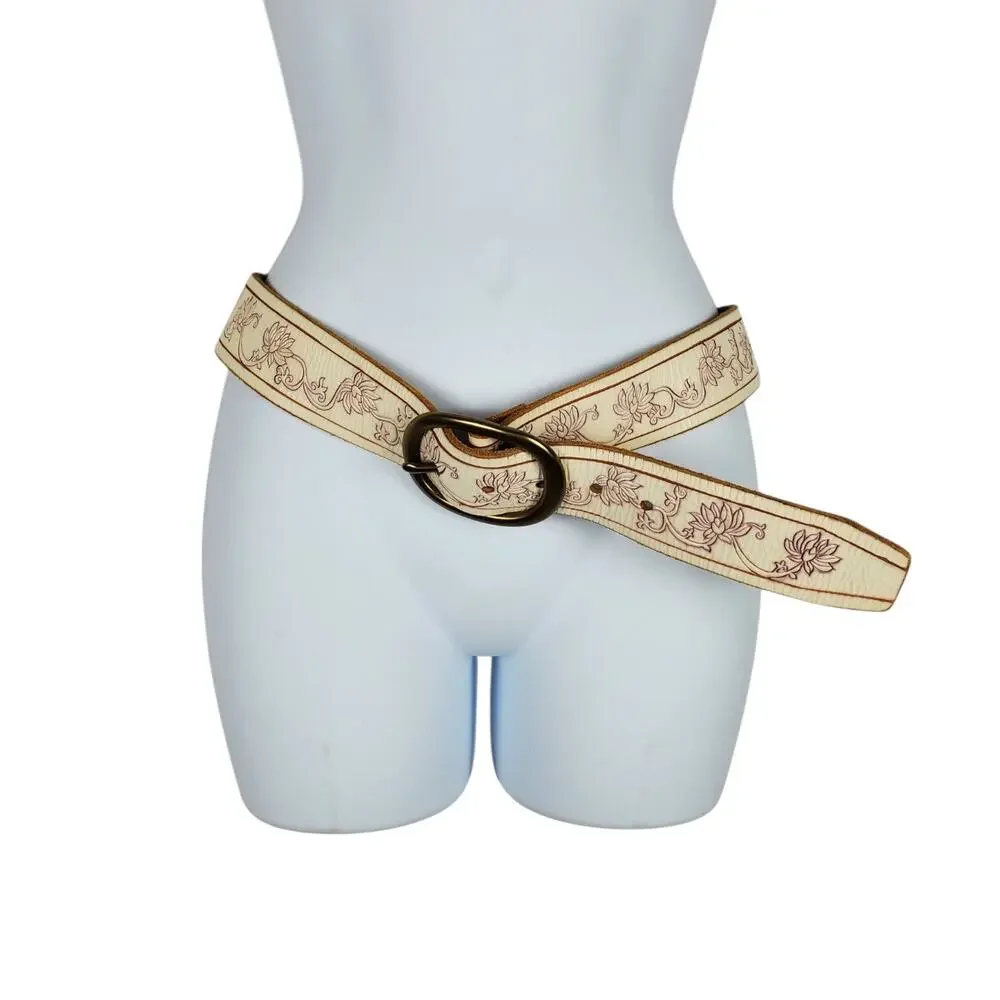 Lucky Brand Chimaera Scored Leather Belt Womens 30 White Brass Buckle Floral